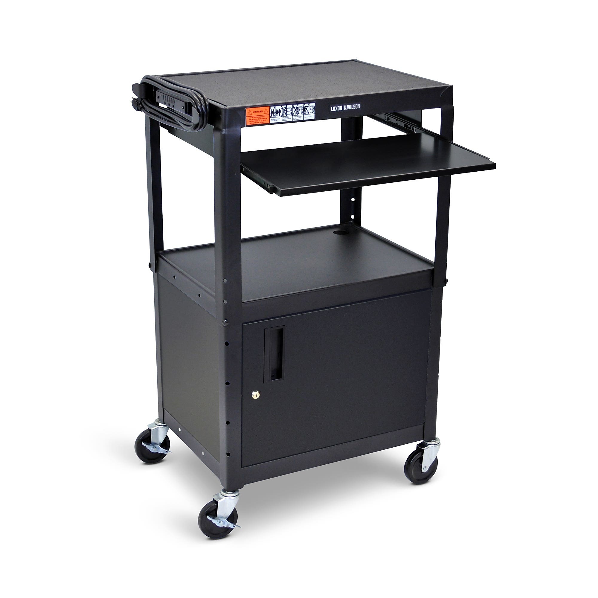 Leader™ Adjustable-Height Three-Shelf Media Utility Cart with Pullout Tray and Locking Cabinet, 24" W x 18" D, Black